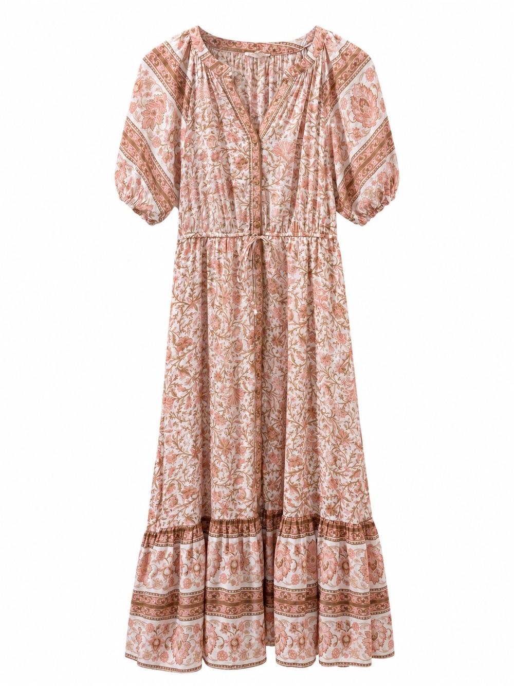 By the River Floral Maxi Dress Button-Front Drawstring L Prairie Western Boho - Picture 2 of 7